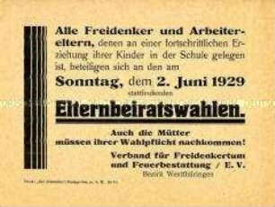 Einladung des Verbandes der Freidenker zu den Elternbeiratswahlen am 2.6.1929