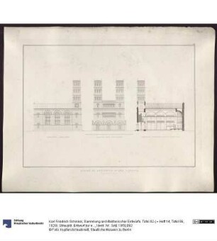 Sammlung architektonischer Entwürfe. Tafel 92 ( = Heft 14, Tafel 86, 1829): Straupitz. Entwurf zur einer Kirche. Längsansicht, Längsschnitt und Fassade