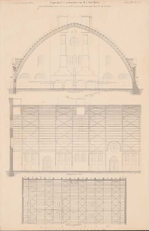 Imperial-Continental-Gas-Association, Berlin: Grundriss, Ansicht von oben, Querschnitt Dachkonstruktion Retortenhaus (aus: Atlas zur Zeitschrift für Bauwesen, hrsg. v. G. Erbkam, Jg. 22, 1872)