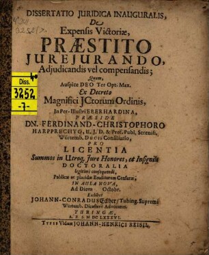 Dissertatio Juridica Inauguralis, De Expensis Victoriae, Praestito Iureiurando, Adiudicandis vel compensandis