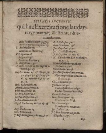 Syllabus Auctorum qui hac Exercitatione laudantur, notantur, illustrantur & emendantur.