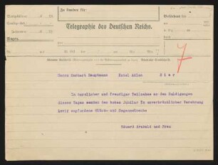 Brief von Eduard Arnhold und Johanna Arnhold an Gerhart Hauptmann