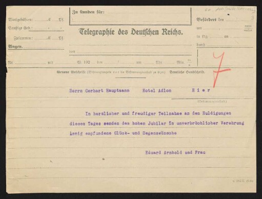 Brief von Eduard Arnhold und Johanna Arnhold an Gerhart Hauptmann