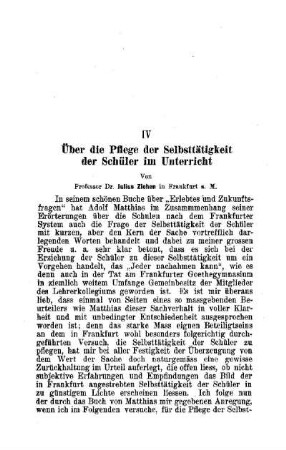 Über die Pflege der Selbsttätigkeit der Schüler im Unterricht