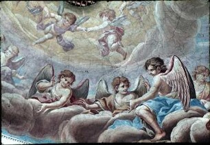 Engelgruppen auf Wolken in Erwartung des Heiligen Geistes