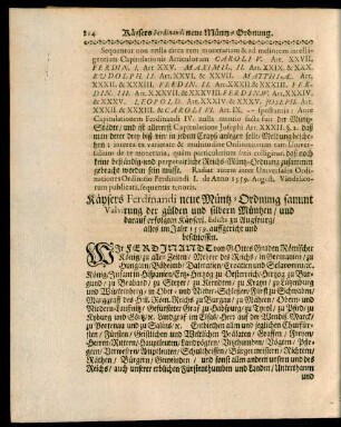 Käysers Ferdinandi neue Müntz-Ordnung sammt Valvirung der gülden und silbern Müntzen