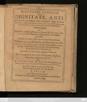 Discursus Genialis, De Dignitate, Antiquitate & iocunditate vitae coniugalis ...