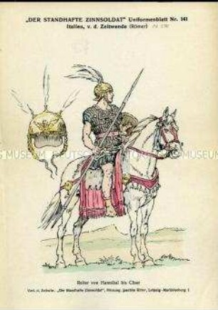 Uniformdarstellung, Römischer Lanzenreiter und Detailstudie des Helms, um 500ante.