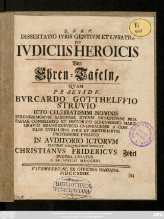 Dissertatio Ivris Gentivm Et Lvsatici De Ivdiciis Heroicis