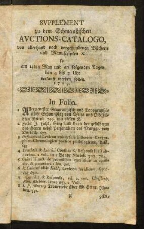 1-20, Supplement zu dem Schmaußischen Avctions-Catalogo, von allerhand noch vorgefundenen Büchern und Manuscripten.