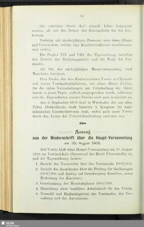 Auszug aus der Niederschrift übr die Haupt-Versammlung am 30. August 1906
