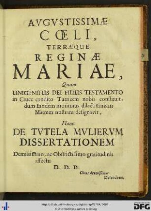 Augustissimae coeli, terraeque Reginae Mariae…