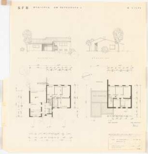 Grünflächen an der Wohnanlage des SFB Am Rupenhorn 4, Berlin-Westend: Wohnhaus B: Ostansicht, Südansicht, 2 Grundrisse 1:100 (Zeichnung des Architekten)