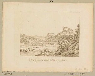 Das Elbtal mit dem Lilienstein (rechts) und dem Königstein (hinten) in der Sächsischen Schweiz vom rechten Elbufer bei Prossen, aus Andenken an die Sächsische Schweiz von C. A. Richter 1820