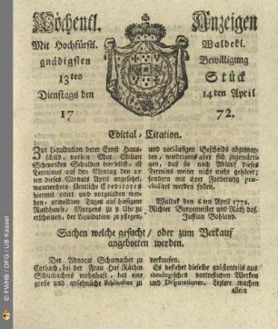 13tes Stueck, Dienstags den 14ten April 1772