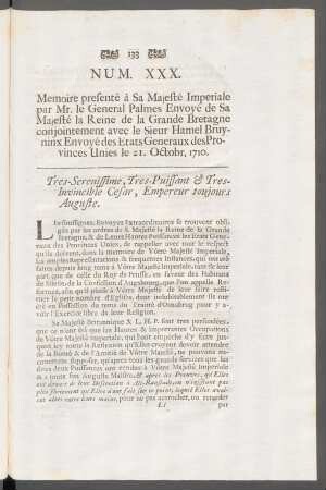 Num. XXX. Memoire presenté à Sa Majesté Imperiale par Mr. le General Palmes Envoyé de Sa Majesté la Reine de la Grande Bretagne ...