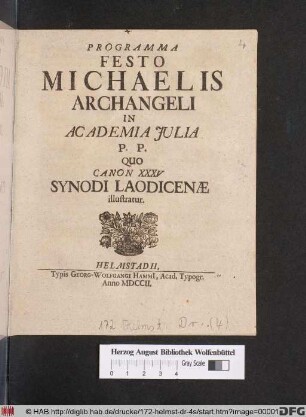 Programma Festo Michaelis Archangeli In Academia Julia P. P. Quo Canon XXXV Synodi Laodicenæ illustratur