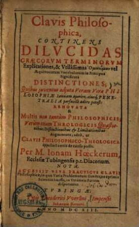 Clavis philosophica : continens dilucidas Graecorum terminorum explicationes et utilissimas aequivocorum vocabulorum in praecipua significata distinctiones