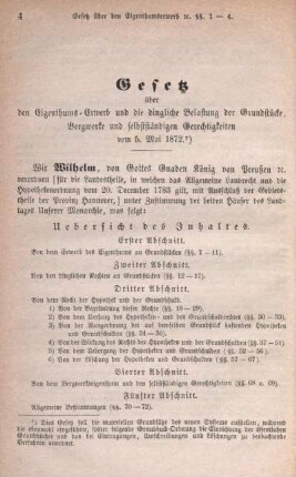 Gesetz über den Eigenthums-Erwerb und die dingliche Belassung der Grundstücke, Bergwerke und selbständigen Gerechtigkeiten vom 5. mai 1872.