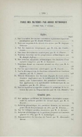 Table des matières par ordre méthodique (Tome VIII, 3° série).