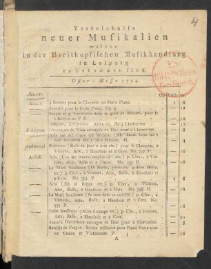 Oster-Messe 1794: Verzeichniss neuer Musikalien welche in der Breitkopfischen Musikhandlung in Leipzig zu bekommen sind