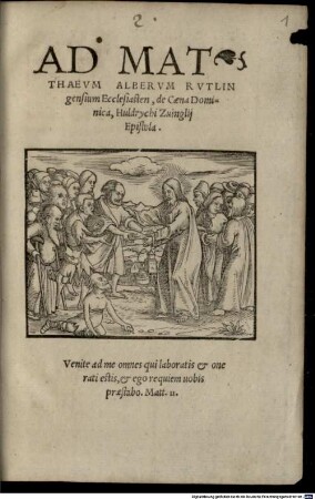 Ad Matthaevm Albervm Rvtlingensium Ecclesiasten, de Caena Dominica, Huldrychi Zuinglij Epistola