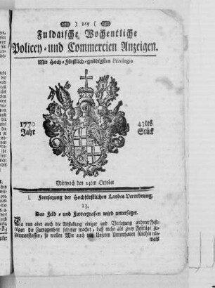 43tes Stück, Ausgabe vom 24. October 1770