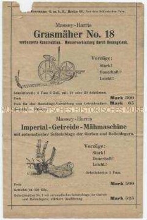 Massey-Harris Grasmäher No. 18 verbesserte Konstruktion. Messerverbindung durch Oesengelenk.