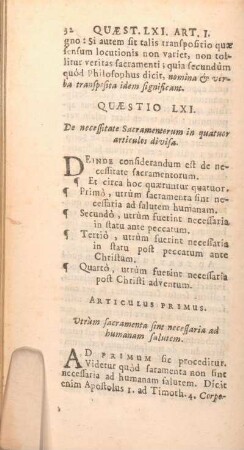 Quaestio LXI. De necessitate Sacramentorum in quatuor articulos divisa.