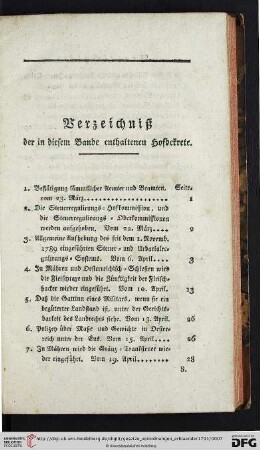 Verzeichniß der in diesem Bande enthaltenen Hofdekrete