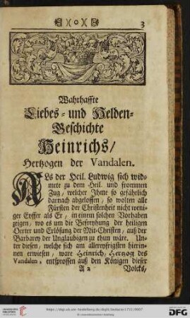 Wahrhaffte Liebes- und Helden-Geschichte Heinrichs / Hertzogen der Vandalen