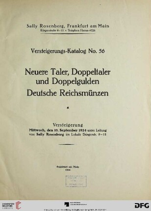 Neuere Taler, Doppeltaler und Doppelgulden, deutsche Reichsmünzen : Versteigerung: 10. September 1924 (Katalog Nr. 56)