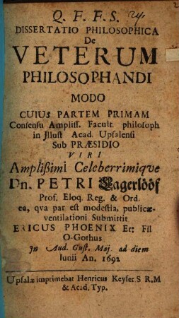 Diss. philos. de Veterum philosophandi modo