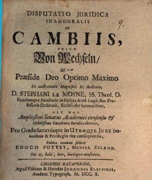 Disputatio Juridica Inauguralis De Cambiis, Vulgo Von Wechseln