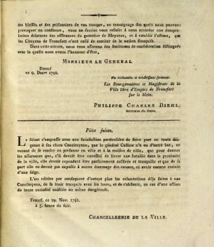 Lettre adressée par les Magistrats de la ville libre d'Empire de Francfort sur le Mein à M. le Général français Custine