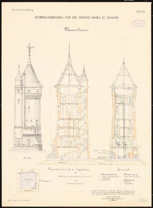 Zentralgefängnis für die Provinz Posen, Wronke: Wasserturm: Grundriss Fundamente, Aufriss, Schnitte 1:100