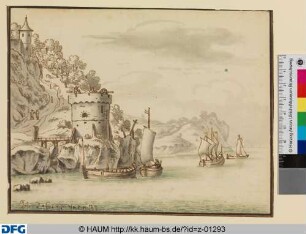 Landschaft mit Wachtturm am Wasser
