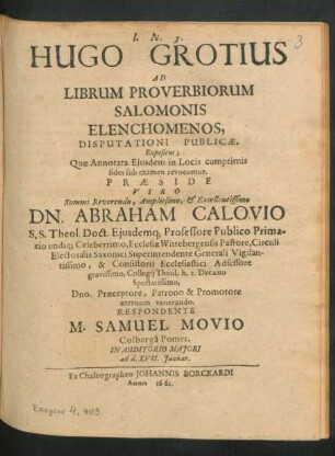 Hugo Grotius Ad Librum Proverbiorum Salomonis Elenchomenos, Disputationi Publicae Expositus
