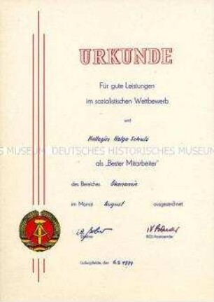 Urkunde zur Auszeichnung "Bester Mitarbeiter"