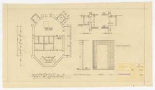 1. Kirche Christi Wissenschafter, Karlsruhe: Kellergeschoss: Grundriss, Details, Ansicht, Schnitt 1:50, 1:20