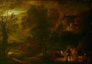 Mondscheinlandschaft mit Hirten am Feuer
