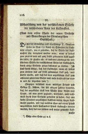 IX. Abhandlung von der verschiedenen Stärke der verschiedenen Arten des Kalkwassers.