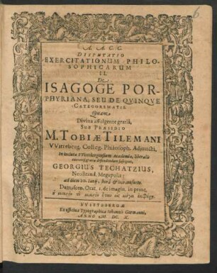 Disputatio Exercitationum Philosophicarum II. De Isagoge Porphyriana, Seu De Quinque Categorematis