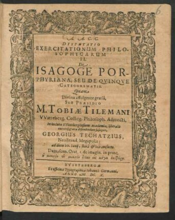 Disputatio Exercitationum Philosophicarum II. De Isagoge Porphyriana, Seu De Quinque Categorematis