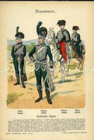 Uniformdarstellung, Jäger und Offiziere des Jäger-Regiments zu Pferde, Herzogtum Nassau, 1806/1810.