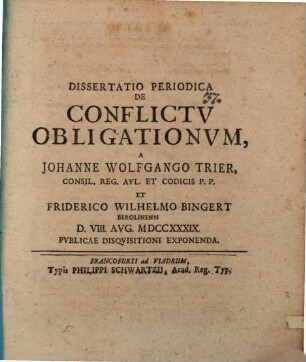 Dissertatio Periodica De Conflictv Obligationvm