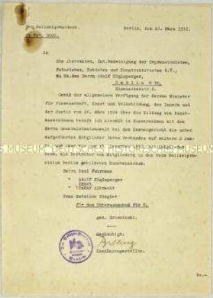 Schreiben des Polizeipräsidenten von Berlin an die Künstlervereinigung "Die Zeitgemäßen" (Die Abstrakten) zur Berufung namentlich aufgeführter Mitglieder des Berliner Kunstausschusses - Sachkonvolut