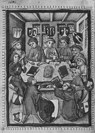 Weltchronik des Jansen Enikel — Dedikationsbild mit dem Augsburger und anderen Wappen, Folio 12verso