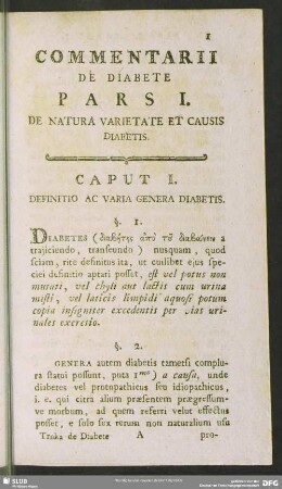 Pars I. De Natura Varietate Et Causis Diabetis