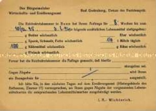 Postkarte zur Information über zusätzliche Lebensmittel-Rationen